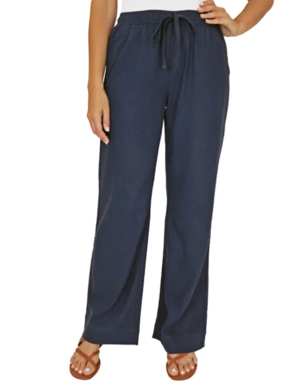 Briggs Women's Pull-On Linen Blend Navy Wide Leg Pants Medium